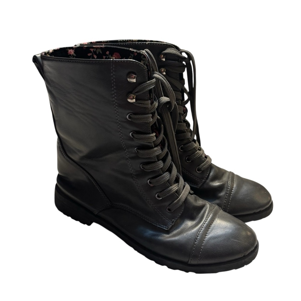 Combat Boots Size 9 Blue Suede Shoes Gunmetal Grey Lace-Up Floral lining Moto